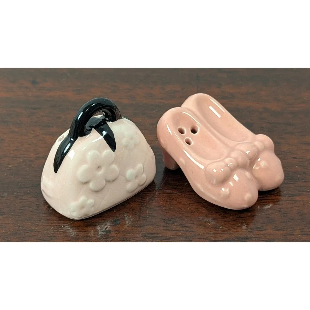 Pink Ceramic High Heel Shoe & Floral Handbag Salt & Pepper Shakers Set